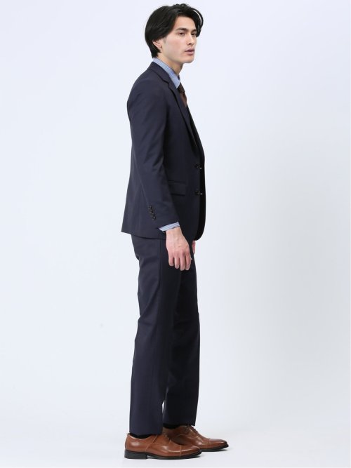 光沢ウール混 スリムフィット 2ボタン3ピーススーツ シャドーストライプ紺