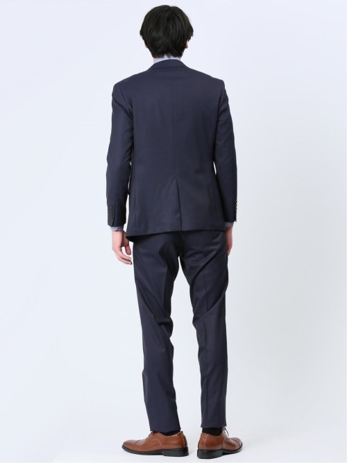 光沢ウール混 スリムフィット 2ボタン3ピーススーツ シャドーストライプ紺