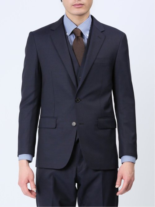 光沢ウール混 スリムフィット 2ボタン3ピーススーツ シャドーストライプ紺