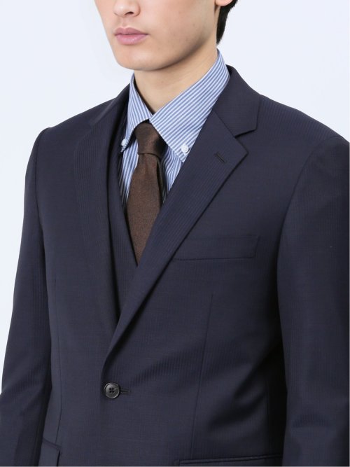 光沢ウール混 スリムフィット 2ボタン3ピーススーツ シャドーストライプ紺
