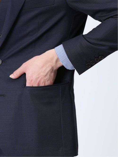 光沢ウール混 スリムフィット 2ボタン3ピーススーツ シャドーストライプ紺