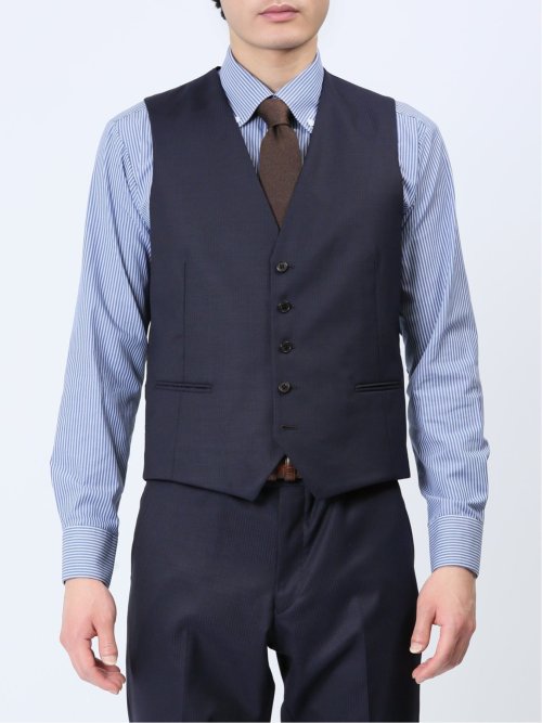 光沢ウール混 スリムフィット 2ボタン3ピーススーツ シャドーストライプ紺