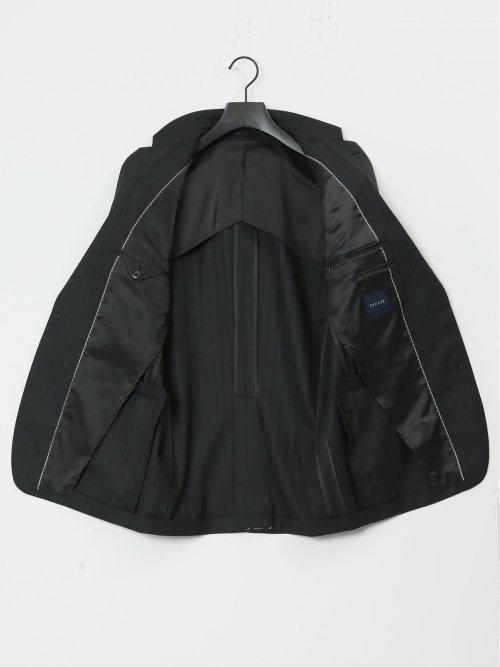 光沢ウール混 スリムフィット 2ボタン3ピーススーツ シャドーストライプ黒