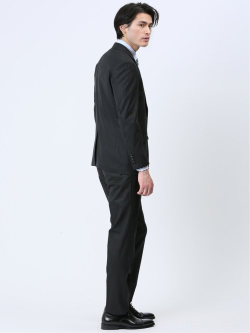 光沢ウール混 スリムフィット 2ボタン3ピーススーツ シャドーストライプ黒