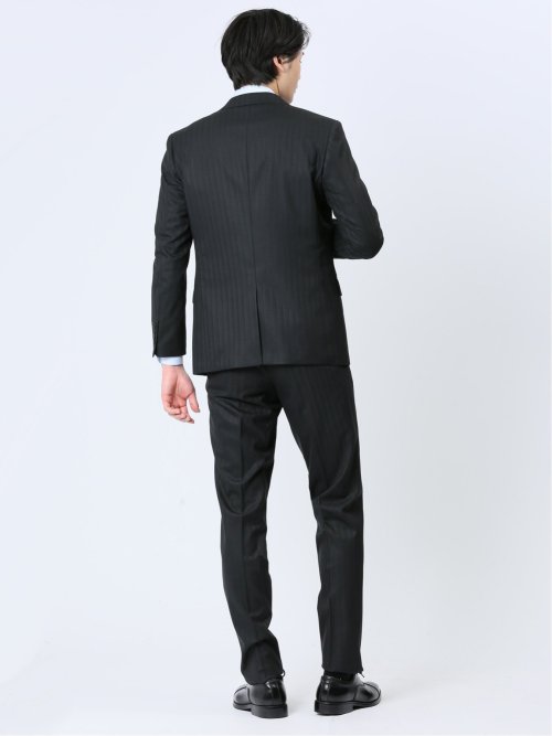 光沢ウール混 スリムフィット 2ボタン3ピーススーツ シャドーストライプ黒