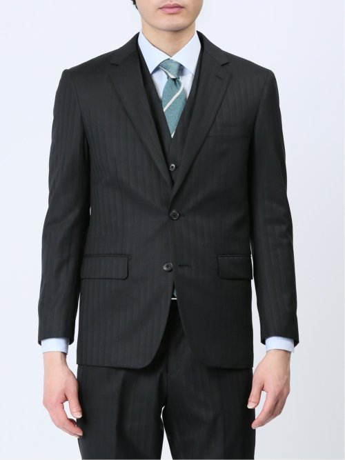 光沢ウール混 スリムフィット 2ボタン3ピーススーツ シャドーストライプ黒