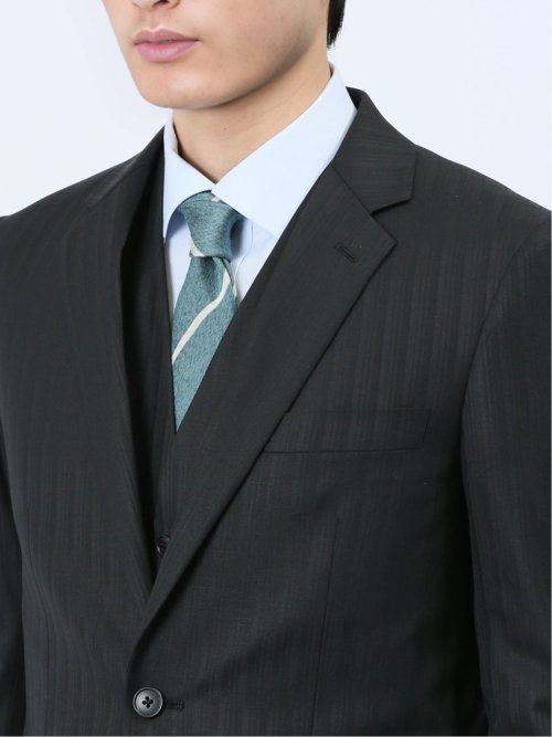 光沢ウール混 スリムフィット 2ボタン3ピーススーツ シャドーストライプ黒