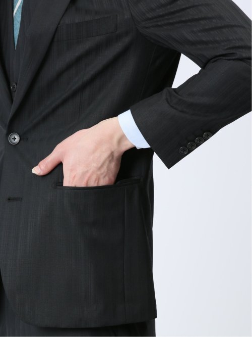 光沢ウール混 スリムフィット 2ボタン3ピーススーツ シャドーストライプ黒