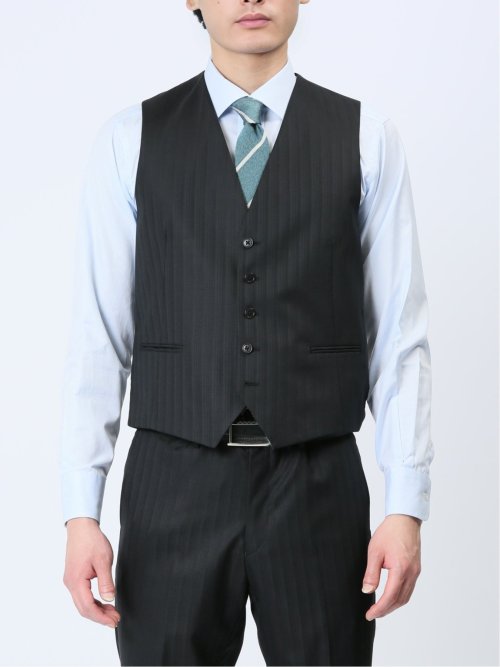 光沢ウール混 スリムフィット 2ボタン3ピーススーツ シャドーストライプ黒