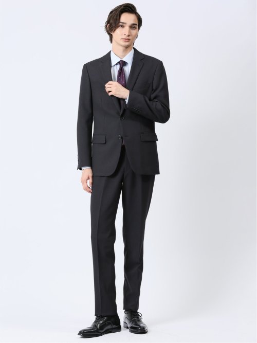 ストレッチウォッシャブル スリムフィット 2ボタン2ピーススーツ ストライプ黒