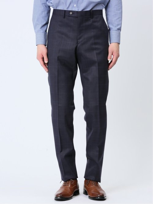 光沢ウール混 スリムフィット 2ボタン3ピーススーツ ウィンドペン青