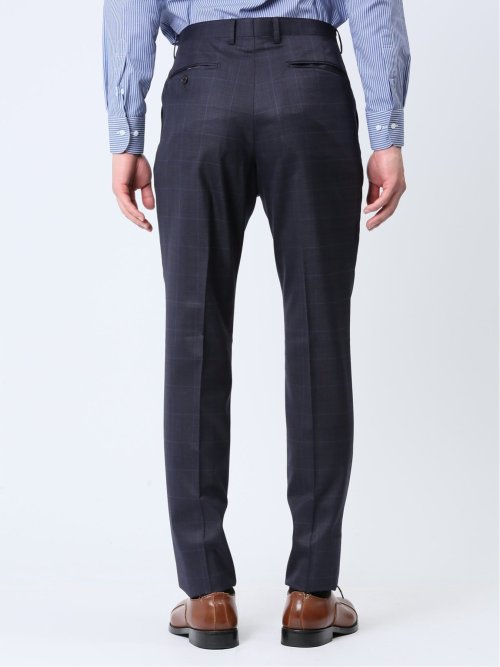 光沢ウール混 スリムフィット 2ボタン3ピーススーツ ウィンドペン青