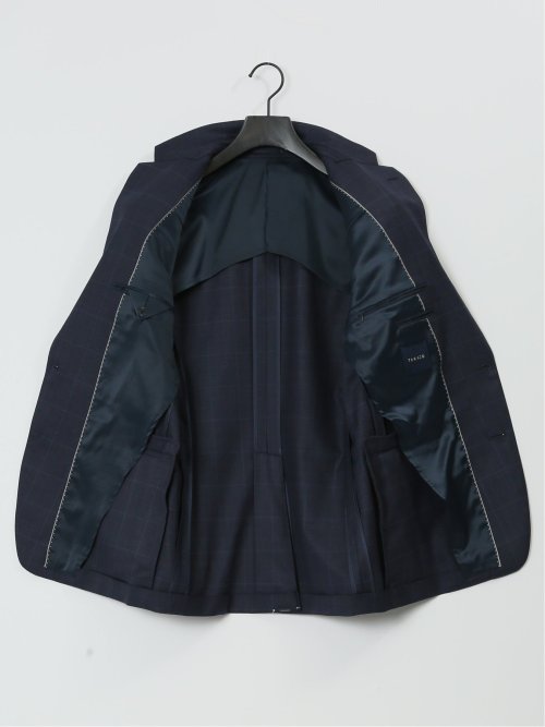 光沢ウール混 スリムフィット 2ボタン3ピーススーツ ウィンドペン青