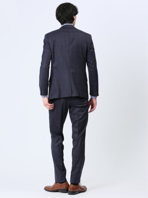 光沢ウール混 スリムフィット 2ボタン3ピーススーツ ウィンドペン青
