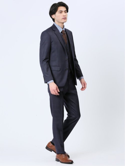 光沢ウール混 スリムフィット 2ボタン3ピーススーツ ウィンドペン青