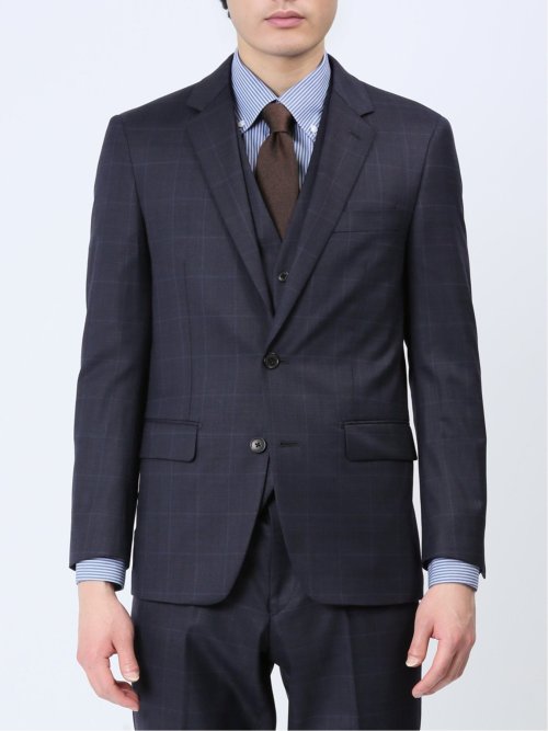 光沢ウール混 スリムフィット 2ボタン3ピーススーツ ウィンドペン青