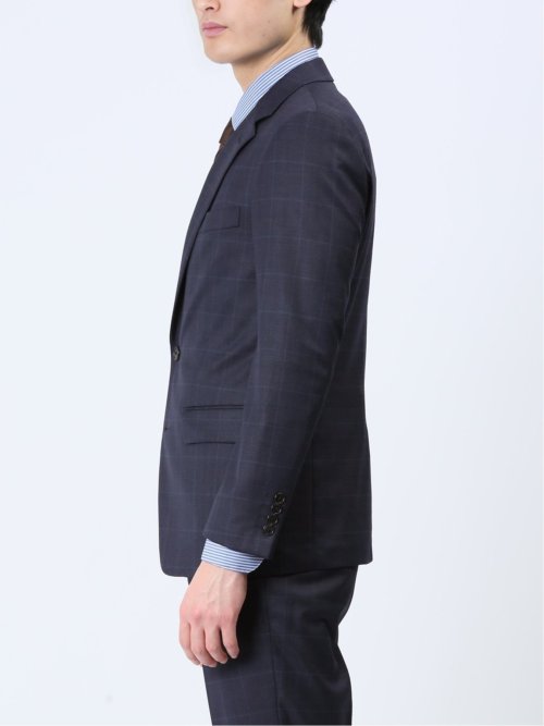 光沢ウール混 スリムフィット 2ボタン3ピーススーツ ウィンドペン青