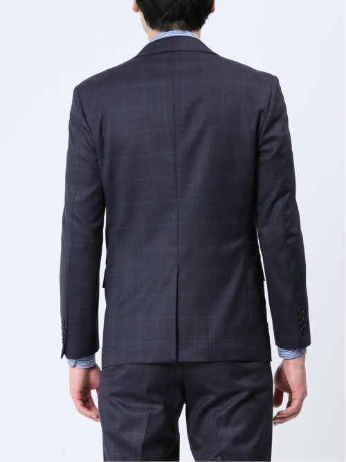 光沢ウール混 スリムフィット 2ボタン3ピーススーツ ウィンドペン青