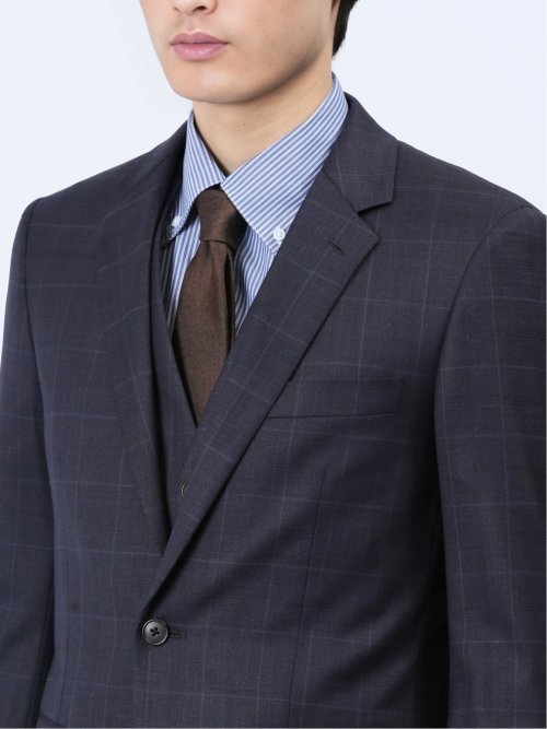 光沢ウール混 スリムフィット 2ボタン3ピーススーツ ウィンドペン青