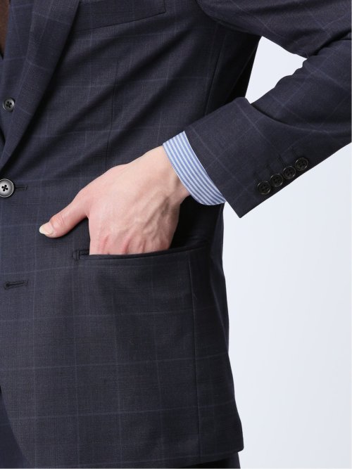 光沢ウール混 スリムフィット 2ボタン3ピーススーツ ウィンドペン青