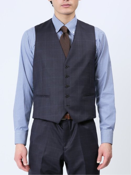光沢ウール混 スリムフィット 2ボタン3ピーススーツ ウィンドペン青