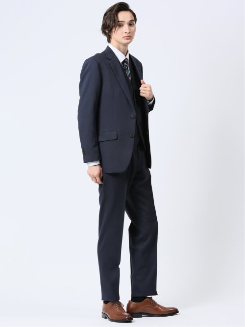 ストレッチウォッシャブル レギュラーフィット 2ボタン3ピーススーツ 組織紺