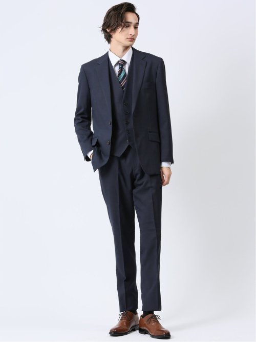 ストレッチウォッシャブル レギュラーフィット 2ボタン3ピーススーツ 組織紺