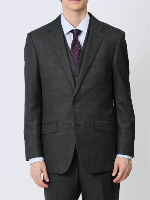ウール混 レギュラーフィット 2ボタン3ピーススーツ チェックグレー