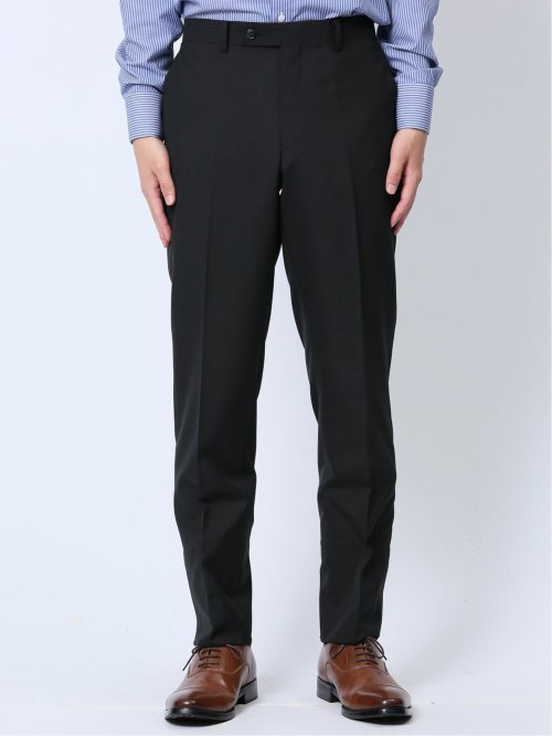 ウール混 スリムフィット 2ボタン2ピーススーツ ストライプ黒