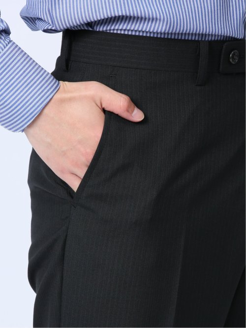 ウール混 スリムフィット 2ボタン2ピーススーツ ストライプ黒