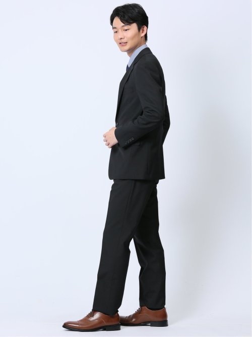 ウール混 スリムフィット 2ボタン2ピーススーツ ストライプ黒