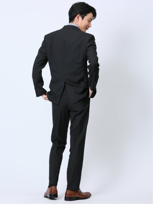 ウール混 スリムフィット 2ボタン2ピーススーツ ストライプ黒