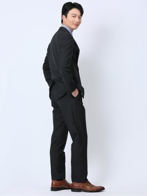 ウール混 スリムフィット 2ボタン2ピーススーツ ストライプ黒