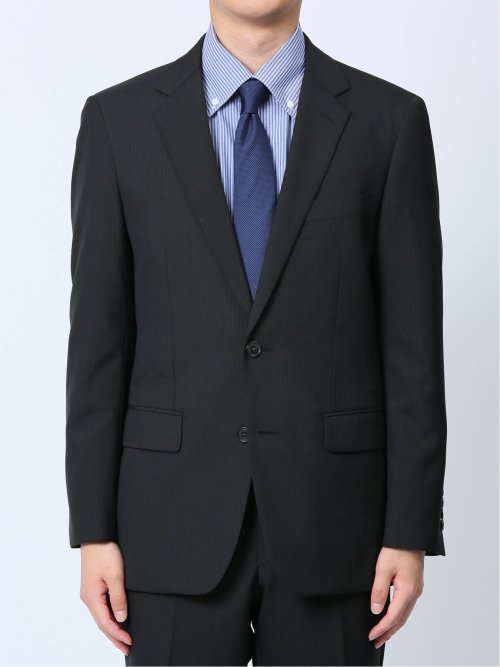 ウール混 スリムフィット 2ボタン2ピーススーツ ストライプ黒