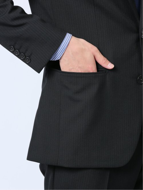 ウール混 スリムフィット 2ボタン2ピーススーツ ストライプ黒(Y4 05黒