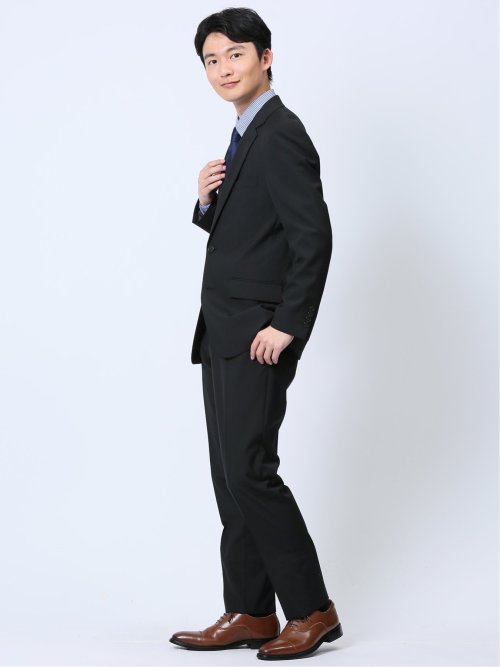 ウール混 レギュラーフィット 2ボタン2ピーススーツ シャドーストライプ黒