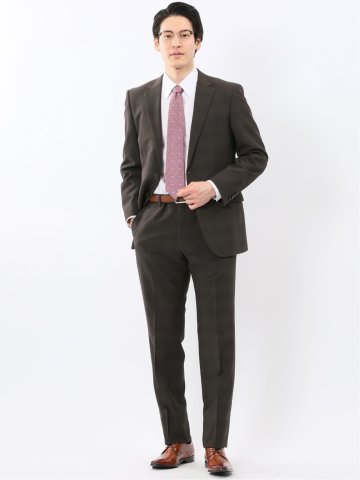 ストレッチ ウォッシャブル レギュラーフィット 2ボタン 2ピース スーツ チェックこげ茶