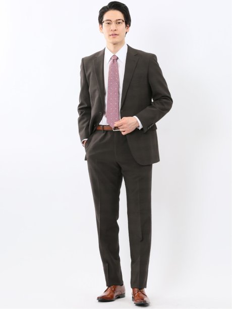 ストレッチ ウォッシャブル レギュラーフィット 2ボタン 2ピース スーツ チェックこげ茶