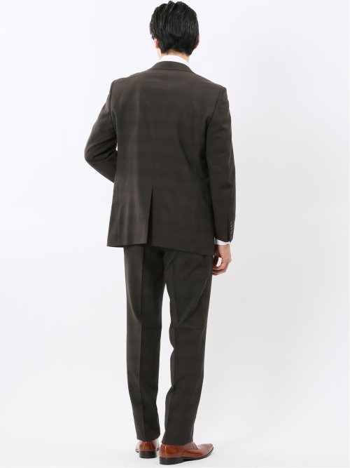 ストレッチ ウォッシャブル レギュラーフィット 2ボタン 2ピース スーツ チェックこげ茶