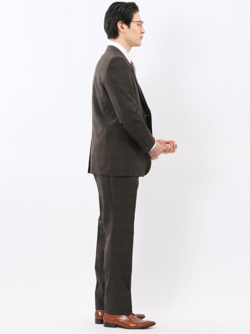 ストレッチ ウォッシャブル レギュラーフィット 2ボタン 2ピース スーツ チェックこげ茶