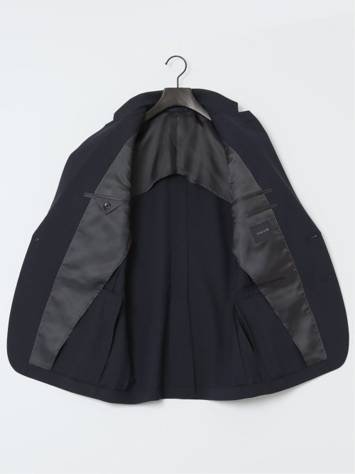 ウール混 スリムフィット 2ボタン2ピーススーツ シャドーストライプ紺