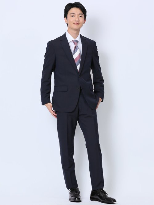 ウール混 スリムフィット 2ボタン2ピーススーツ シャドーストライプ紺