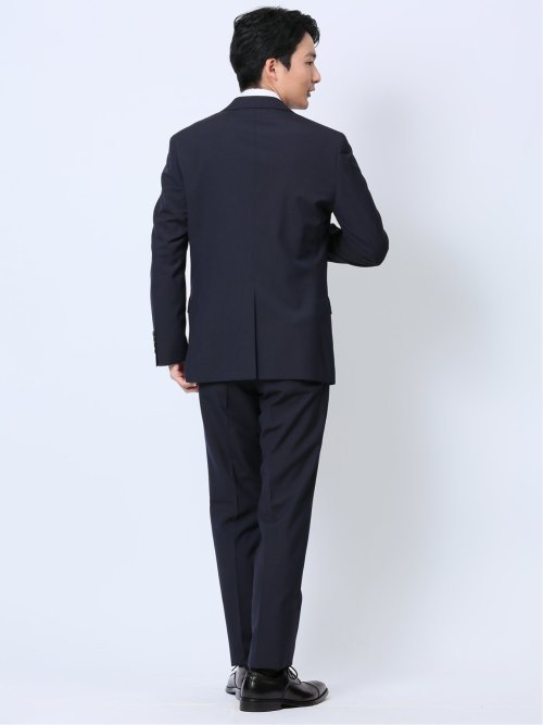 ウール混 スリムフィット 2ボタン2ピーススーツ シャドーストライプ紺