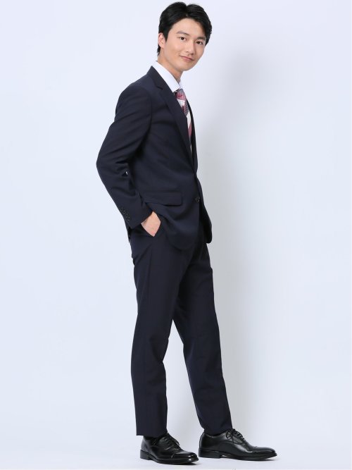 ウール混 スリムフィット 2ボタン2ピーススーツ シャドーストライプ紺