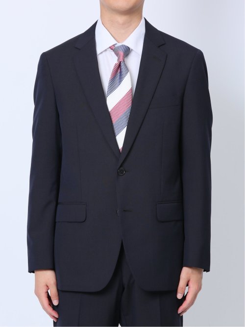 ウール混 スリムフィット 2ボタン2ピーススーツ シャドーストライプ紺