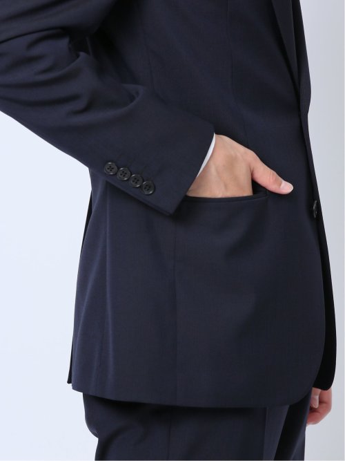 ウール混 スリムフィット 2ボタン2ピーススーツ シャドーストライプ紺