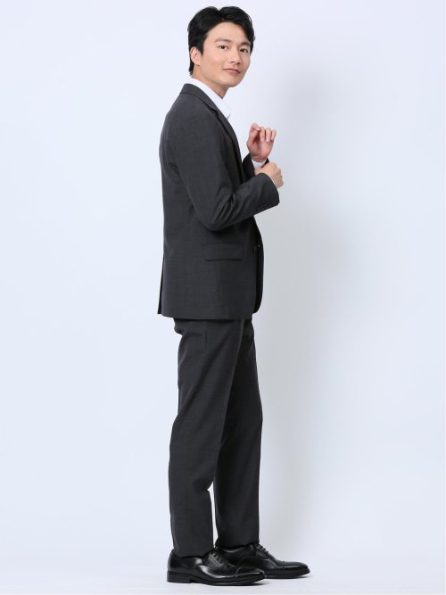 ウール混 スリムフィット 2ボタン2ピーススーツ 組織グレー