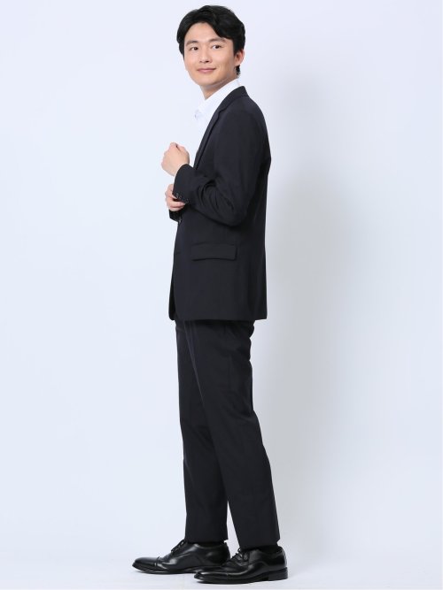 ウール混 スリムフィット 2ボタン2ピーススーツ シャドーストライプ紺