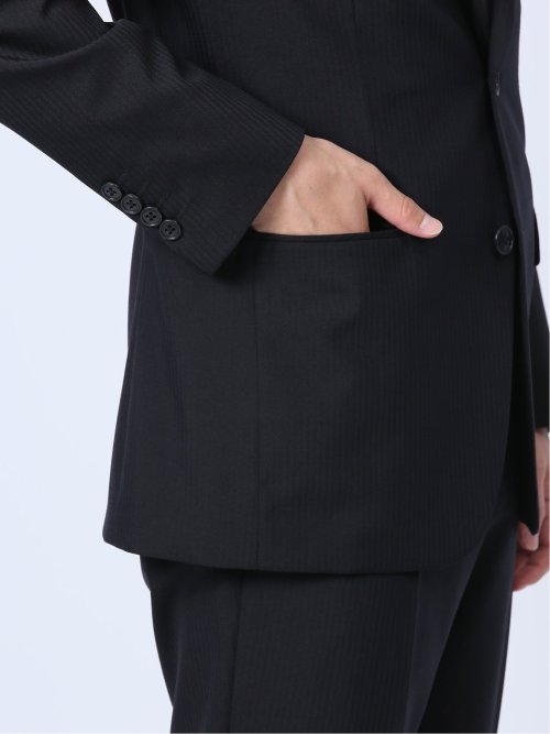 ウール混 スリムフィット 2ボタン2ピーススーツ シャドーストライプ紺