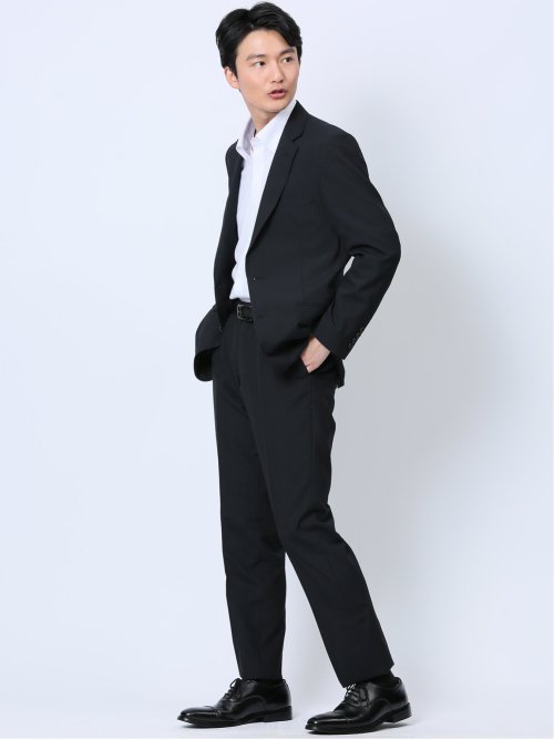 ウール混 レギュラーフィット 2ボタン2ピーススーツ ストライプ黒